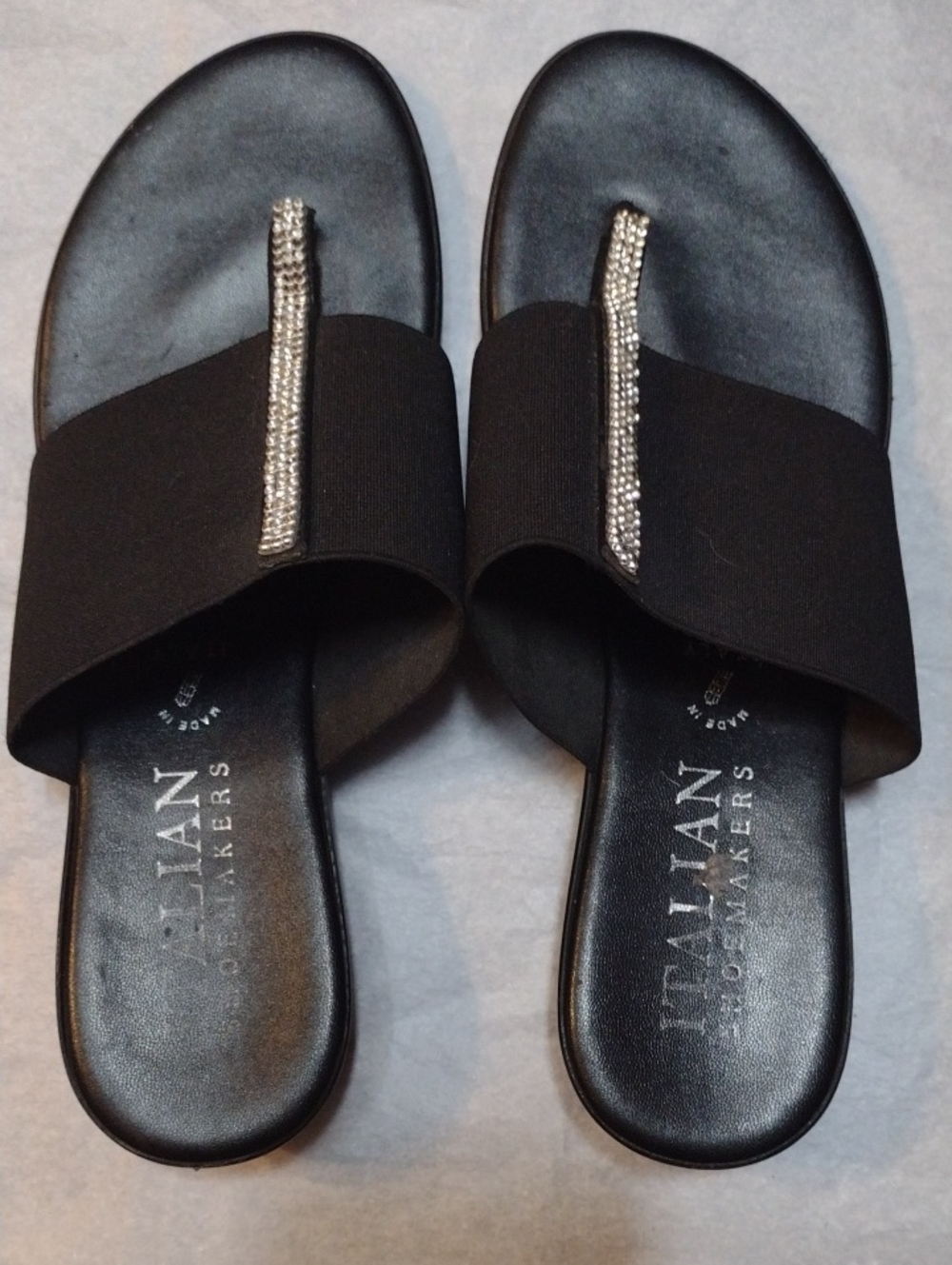 Italian Shoemakers Black Slide Sandals with Silver Crystal Accent